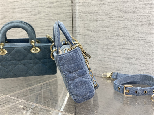 CD Medium Lady D-Joy Bag Cannage Denim Blue Gold Tone Metal