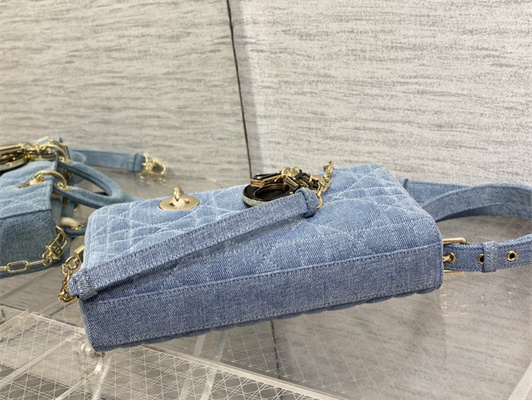 CD Medium Lady D-Joy Bag Cannage Denim Blue Gold Tone Metal