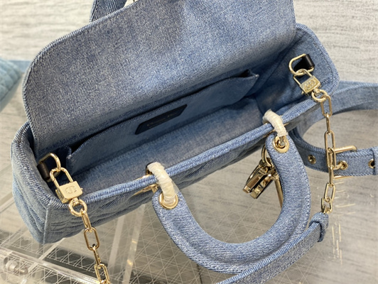 CD Medium Lady D-Joy Bag Cannage Denim Blue Gold Tone Metal