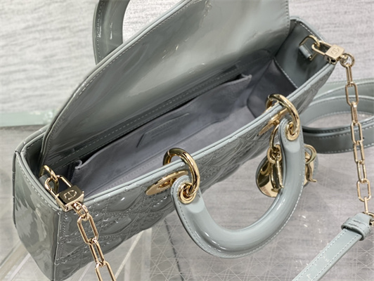 CD Medium Lady D-Joy Bag Patent Cannage Calfskin Gold Tone Metal Stone Grey