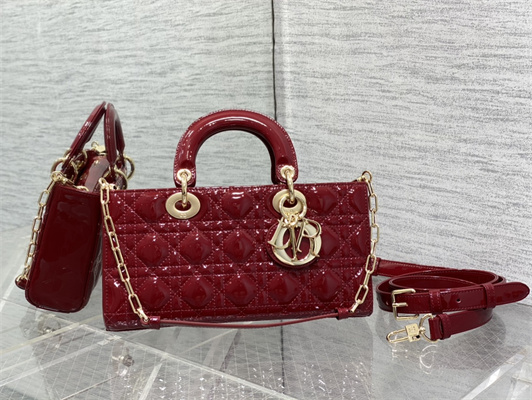 CD Medium Lady D-Joy Bag Patent Cannage Calfskin Gold Tone Metal Cherry Red