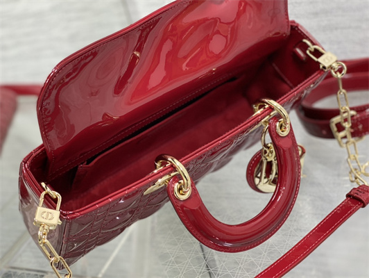 CD Medium Lady D-Joy Bag Patent Cannage Calfskin Gold Tone Metal Cherry Red