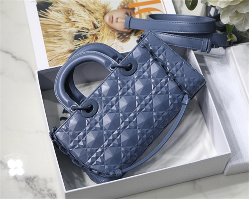 CD Medium Lady D-Joy Bag Cannage Calfskin With Diamond Motif Blue