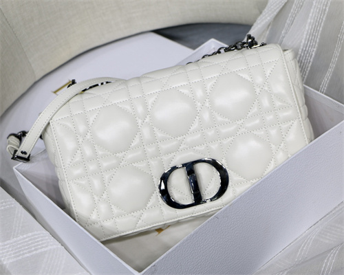 CD Large Di.or Caro Bag Quilted Macrocannage Calfskin Guncolor Tone Metal White