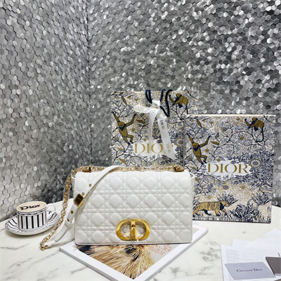 CD Large Di.or Caro Bag Supple Cannage Calfskin Gold Tone Metal White