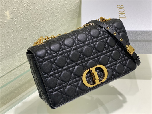 CD Large Di.or Caro Bag Supple Cannage Calfskin Gold Tone Metal Black