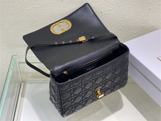 CD Large Di.or Caro Bag Supple Cannage Calfskin Gold Tone Metal Black