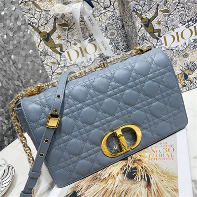 CD Large Di.or Caro Bag Supple Cannage Calfskin Gold Tone Metal Blue