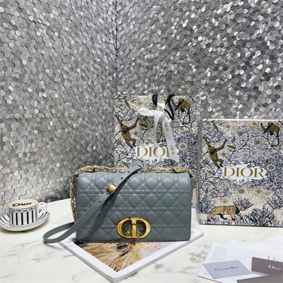 CD Large Di.or Caro Bag Supple Cannage Calfskin Gold Tone Metal Stone Grey