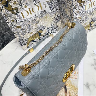 CD Large Di.or Caro Bag Supple Cannage Calfskin Gold Tone Metal Stone Grey