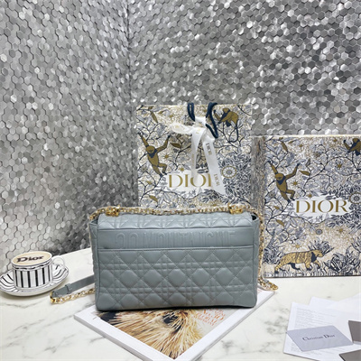 CD Large Di.or Caro Bag Supple Cannage Calfskin Gold Tone Metal Stone Grey