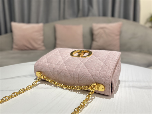 CD Medium Di.or Caro Bag Macrocannage Linen Gold Tone Metal Rose Pink