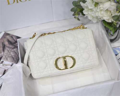 CD Medium Di.or Caro Bag Supple Cannage Calfskin Gold Tone Metal White
