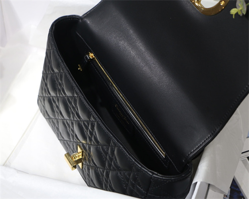 CD Medium Di.or Caro Bag Supple Cannage Calfskin Gold Tone Metal Black