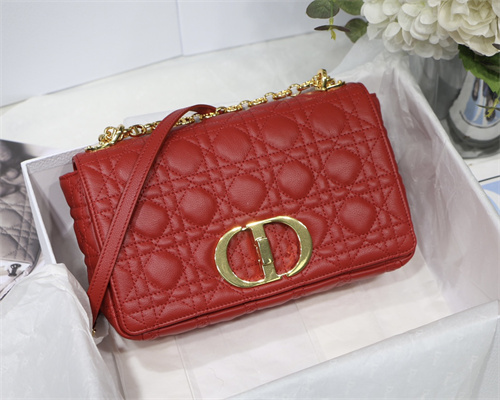 CD Medium Di.or Caro Bag Supple Cannage Calfskin Gold Tone Metal Red