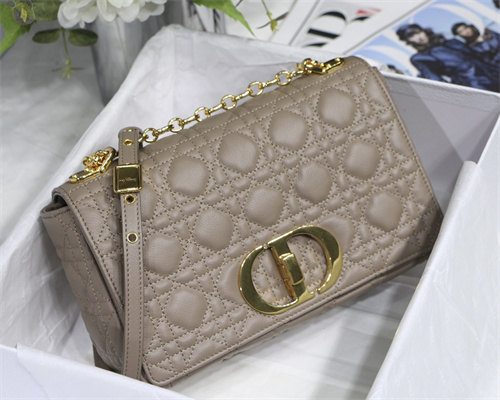 CD Medium Di.or Caro Bag Supple Cannage Calfskin Gold Tone Metal Taupe