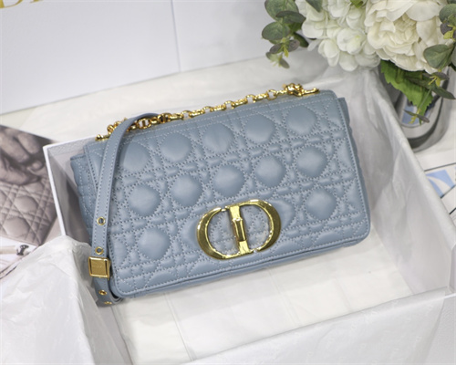CD Medium Di.or Caro Bag Supple Cannage Calfskin Gold Tone Metal Blue