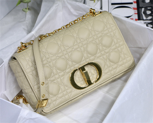 CD Medium Di.or Caro Bag Supple Cannage Calfskin Gold Tone Metal Beige