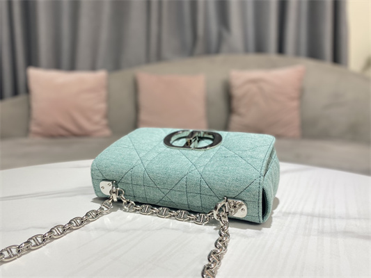 CD Small Di.or Caro Bag Macrocannage Linen Silver Tone Metal Green