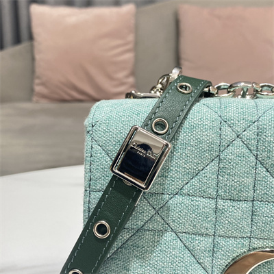 CD Small Di.or Caro Bag Macrocannage Linen Silver Tone Metal Green