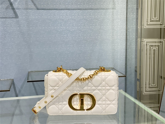 CD Small Di.or Caro Bag Supple Cannage Calfskin Gold Tone Metal White