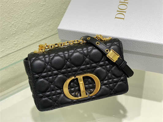 CD Small Di.or Caro Bag Supple Cannage Calfskin Gold Tone Metal Black