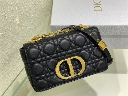 CD Small Di.or Caro Bag Supple Cannage Calfskin Gold Tone Metal Black
