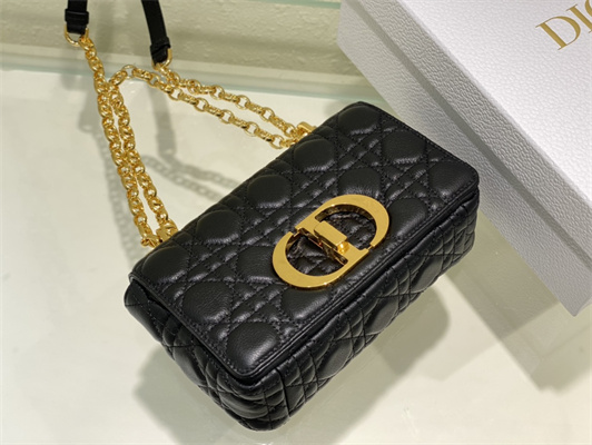 CD Small Di.or Caro Bag Supple Cannage Calfskin Gold Tone Metal Black