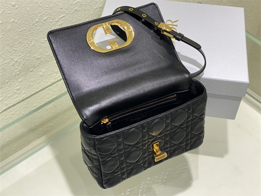 CD Small Di.or Caro Bag Supple Cannage Calfskin Gold Tone Metal Black
