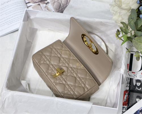CD Small Di.or Caro Bag Supple Cannage Calfskin Gold Tone Metal Taupe