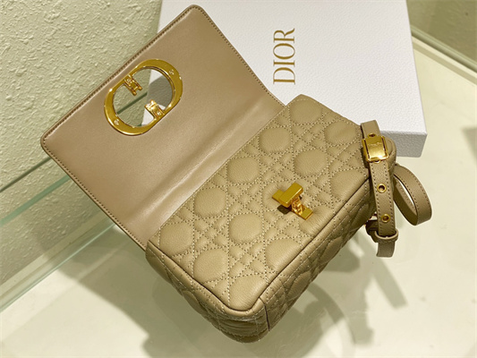 CD Small Di.or Caro Bag Supple Cannage Calfskin Gold Tone Metal Beige