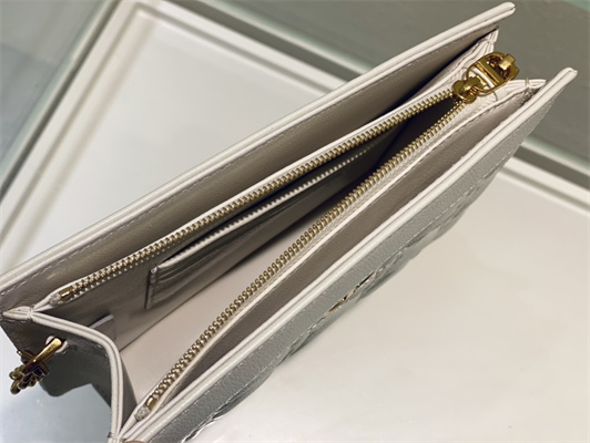 CD Caro Zipped Pouch Supple Cannage Calfskin Gold Tone Metal White