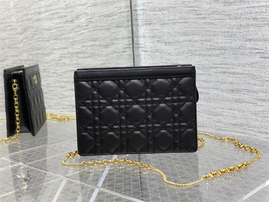 CD Caro Zipped Pouch Supple Cannage Calfskin Gold Tone Metal Black