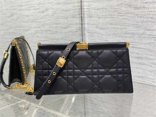 CD Caro Colle Noire Clutch with Chain Black Cannage Lambskin Gold Tone Metal