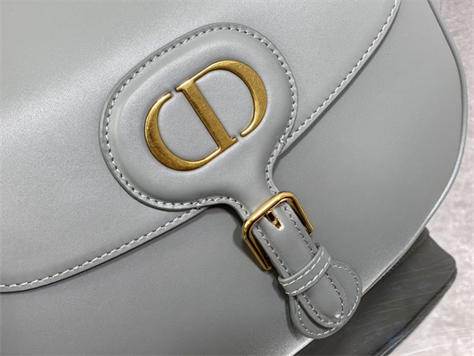 CD Large Di.or Bobby Bag Stone Grey Box Calfskin With Blue Di.or Oblique Emb Shoulder Strap