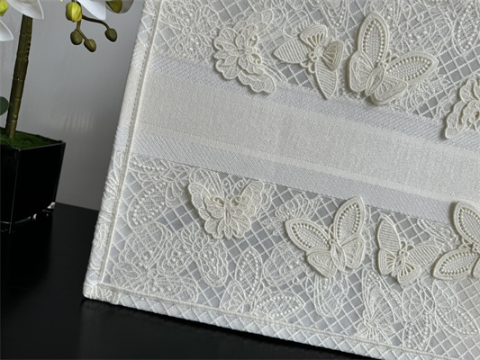 CD Large Book Tote White D-Lace Butterfly Embroidery With Macrame Effect