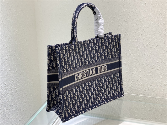 CD Large Book Tote Ecru and Blue Oblique Embroidery