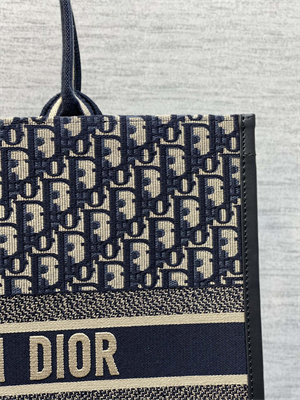 CD Large Book Tote With Strap Ecru and Blue Oblique Embroidery