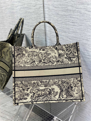 CD Large Book Tote Toile de Jouy Embroidery Beige and Black