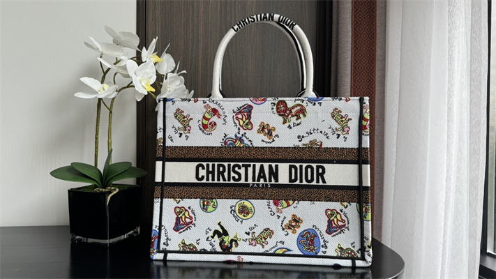 CD Medium Book Tote Dragon Zodiac Embroidery White Multicolor
