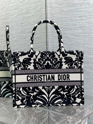 CD Medium Book Tote Firebloom Embroidery White and Black