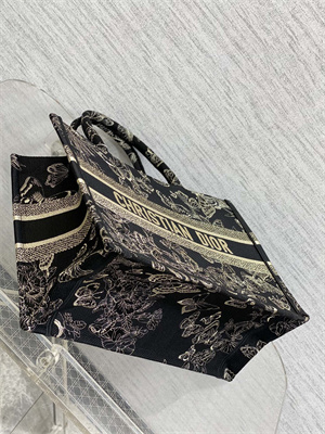 CD Medium Book Tote Toile de Jouy Mexico Embroidery Black and Gold Tone