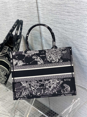 CD Medium Book Tote Di.or Zodiac Embroidery Black and White