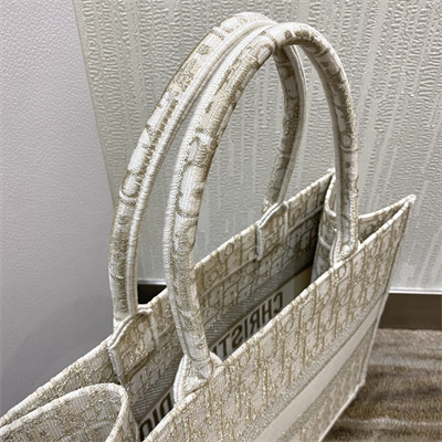 CD Medium Book Tote White and Gold Tone Oblique Embroidery