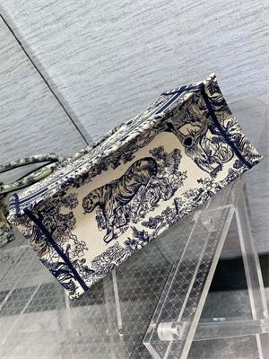 CD Medium Book Tote Toile de Jouy Embroidery Ecru and Blue