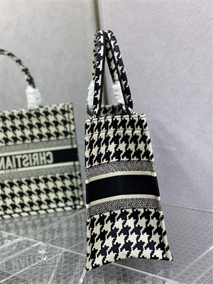 CD Medium Book Tote Macro Houndstooth Embroidery Black and White