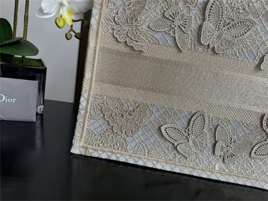 CD Medium Book Tote Beige D-Lace Butterfly Embroidery With Macrame Effect