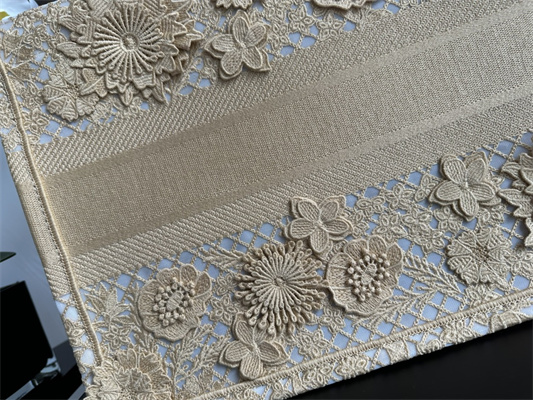 CD Medium Book Tote Beige D-Lace Flowers Embroidery With Macrame Effect
