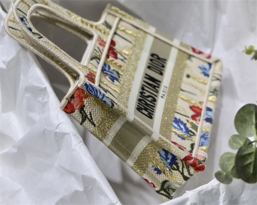 CD Mini Book Tote Hibiscus Embroidery Beige Multicolor