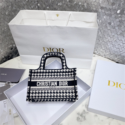 CD Mini Book Tote Macro Houndstooth Embroidery Black and White